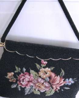 BLACK Beaded PETITPOINT PINK ROSES Vintage Purse/Handbag~MINT~Glass 