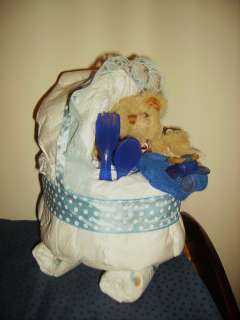 Diaper Cake Stroller in Blue with fork and spoon, pacifier and bear 
