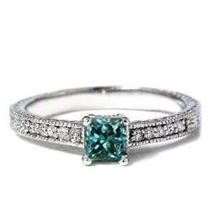    .50CT Princess Cut Antique Hand Engraved Blue Diamond Ring Jewelry