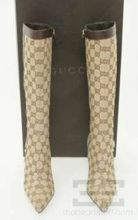 Gucci Tan Monogram Canvas & Leather Knee High Boots Size 8B  