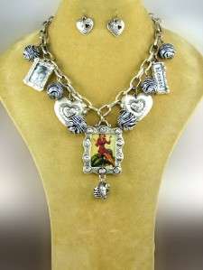 Chain Link Charm Zebra Heart Photo Pendant Necklace Earring Set  