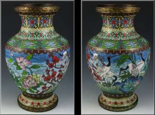 Large Beautiful Antique Chinese Cloisonne Vase w/ Cranes  