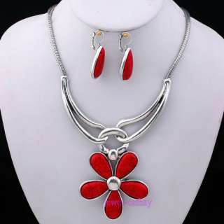 FLOWER RED TURQUOISE PENDANT women charms tibet silver gift earring 