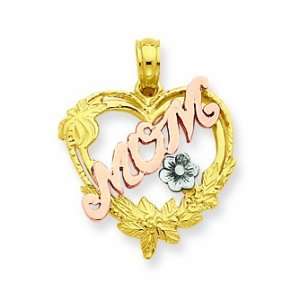  14k Two Tone & Rhodium Pink Mom In Heart & White Flower 