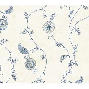 Off White and Blue Paisley Embroidery Wallpaper  Kitchen 