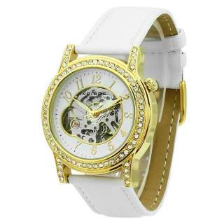   Skeleton Automatic Yellow Gold Plated, White Satin Strap Ladies Watch