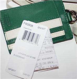 NWT Coach Mens Leather Strip Lanyard ID Case Green/White 60938  