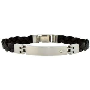   Stainless Steel and Black Leather, Guy Men Male ID Bracelet Jewelry