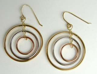 14K Earrings Wire Concentric Ring Multi Tone Gold Rose White Yellow 