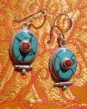 TURQUOISE CORAL STERLING SILVER DANGLE EARRINGS NEPAL  