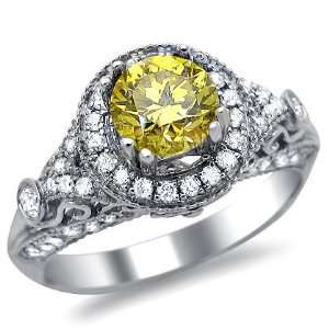   41ct Yellow Round Diamond Engagement Ring 14k White Gold Vintage Style