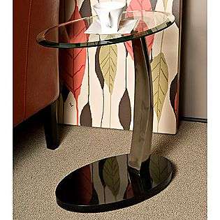 Brushed Chrome, Black Poly & Glass Oval Chairside Table  L Powell For 