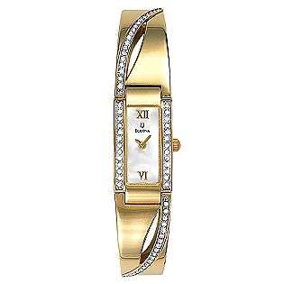   Crystal Accents & Link Band. Goldtone  Bulova Jewelry Watches Ladies