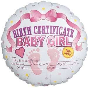  Pink Birth Certificate Baby Girl 18 Mylar Balloon Toys 
