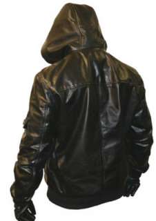 Mens Black HOODED Leather Bomber Jacket Coat Hoody S  
