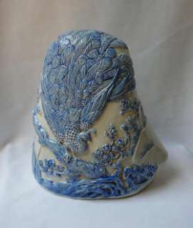 Blue/White Carved Peacock Porcelain Decor Display m542  