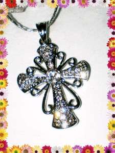   GIFT VINTAGE STYLE SILVER CROSS NECKLACE~PENDANT~CLEAR CRYSTAL  