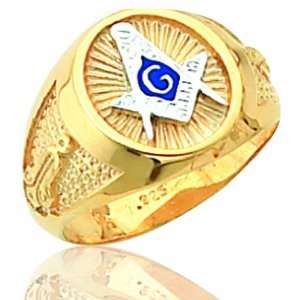  Mens Yellow Gold Plated Solid Back Masonic Ring Jewelry