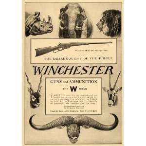 1910 Ad Winchester Gun Rifle Elephant Rhino Ram Lion   Original Print 