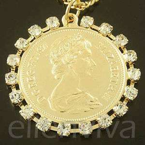 Royal Highness Queen Elizabeth Coin Rhinestone Necklace Gold Tone 