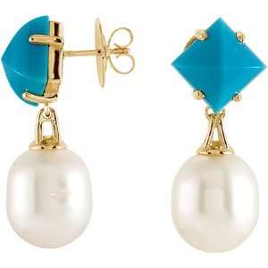   /12Mm Circle South Sea Cultured Pearl And Genuine Turquoise earrings