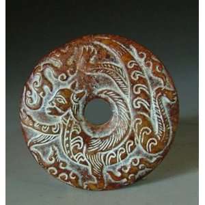 one Carved Jade Bi Disk with Coiled Beast Pattern, Chinese Antique 