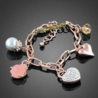 18K rose gold GP swarovski crystal rose pearl bracelet B221  