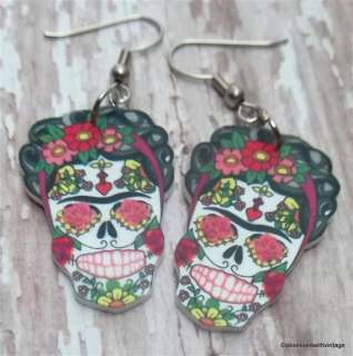   Kahlo sugar skull day of dead Rockabilly tattoo earrings 