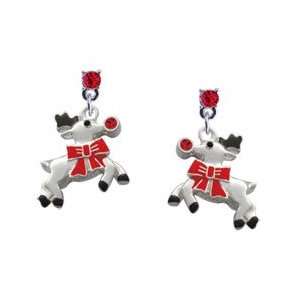 Reindeer With Stone Red Swarovski Post Charm Earrings (Left or Right)