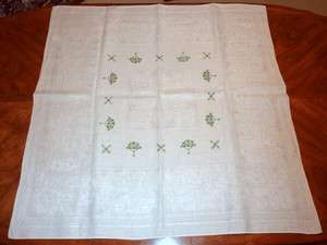 VINTAGE embroidered LINEN 41 x 41 TABLECLOTH with GREEN TREES  
