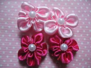 60 Hand Made Satin Ribbon Flower Bow/Pearl Bead/sew on/trim/sewing 2 