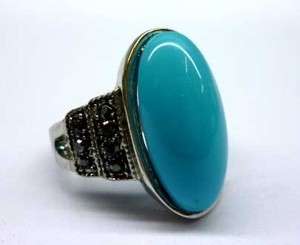 Charming Vintage Silver Oval Blue Turquoise Ring Size 7 A017  