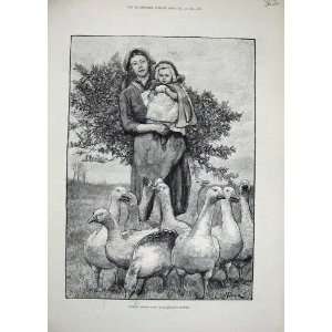  1884 Lady Little Girl Geese Country Trees Fine Art