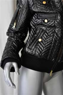   Quilted Glossy Black Bomber Puffer Jacket Coat Gold Zippers NEW M
