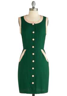 Scooter Around Dress   Green, Solid, Buttons, Work, Vintage Inspired 