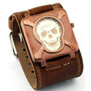Nemesis BIN930B Skull Face Dial Wide Leather Cuff Watch  