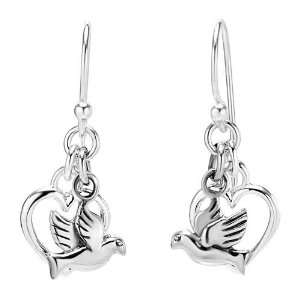  Sterling Silver Peace Love Bird Dove with Dangling Heart 