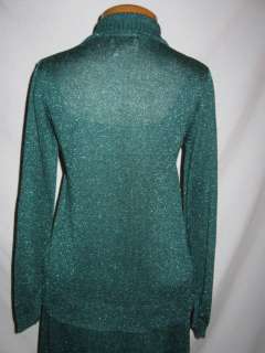   1960 70s Metallic Green Sweater Twin 3 PC Set w Skirt SM  