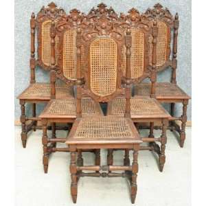  Great Antique French Set 6 Oak Hunting Chairs Griffins 