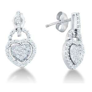  10k White Gold Channel Pave Set Round Diamond Heart Dangle Earrings 