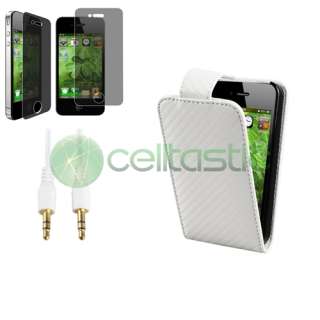 White Leather Skin Case+Privacy Film+Cable For iPhone 4 s 4s 4G 4th 