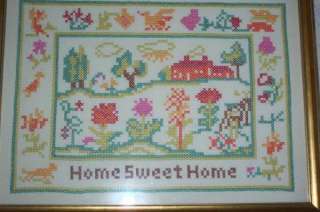 Vintage Framed HOME SWEET HOME Cross Stitch SAMPLER COMPLETED Finished 