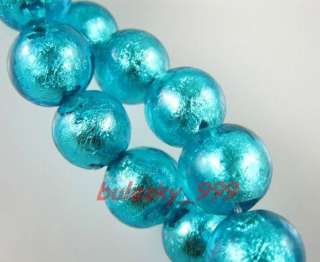25pcs Silver Foil Lampwork Glass Round Bead 10mm P Blue  