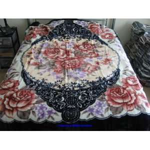   Queen Korean Mink Blanket Circle Flower Rose Navy Blue