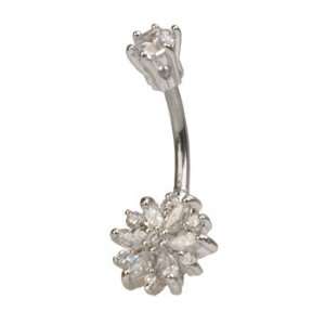   Intricate CLEAR Gem Flower Belly Button Ring with Prong Set Top Ball