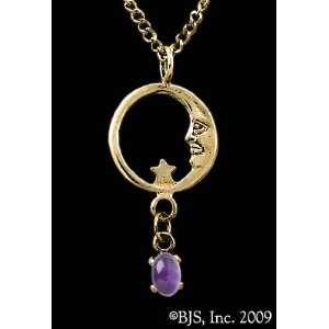 Moon Star Necklace, 14k Yellow Gold, Amethyst set gemstone, Moon Star 