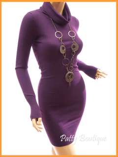 Purple Drape Cowl Neck Knit Sweater Mini Dress, XL  