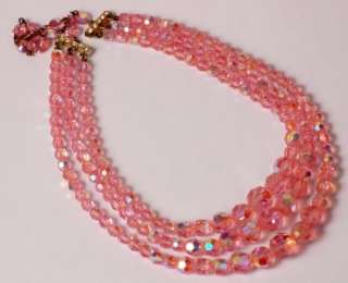 Vintage Pink Aurora Borealis Triple Strand Crystal Necklace w 