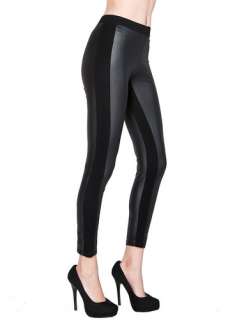   Leatherette Matte Black Pleather Leggings with Side Knit Panel  