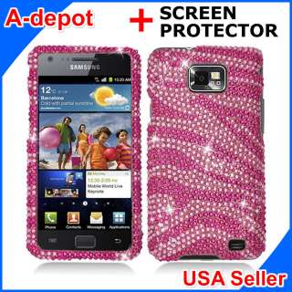 Samsung Galaxy S 2 II i9100 Pink Zebra Bling Hard Case Cover +Screen 
